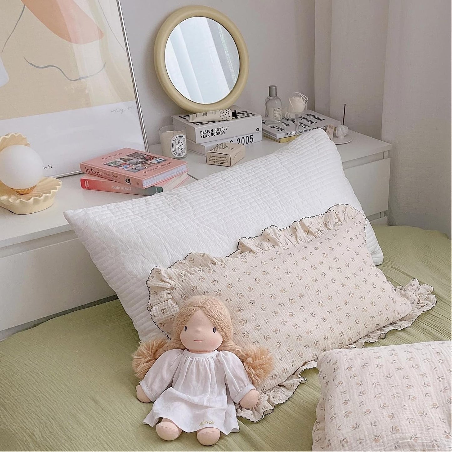 BuLuTu Cotton Muslin Kids Toddler Pillowcase Sprout Pattern, Shabby Chic Nursery Pillow Cover with