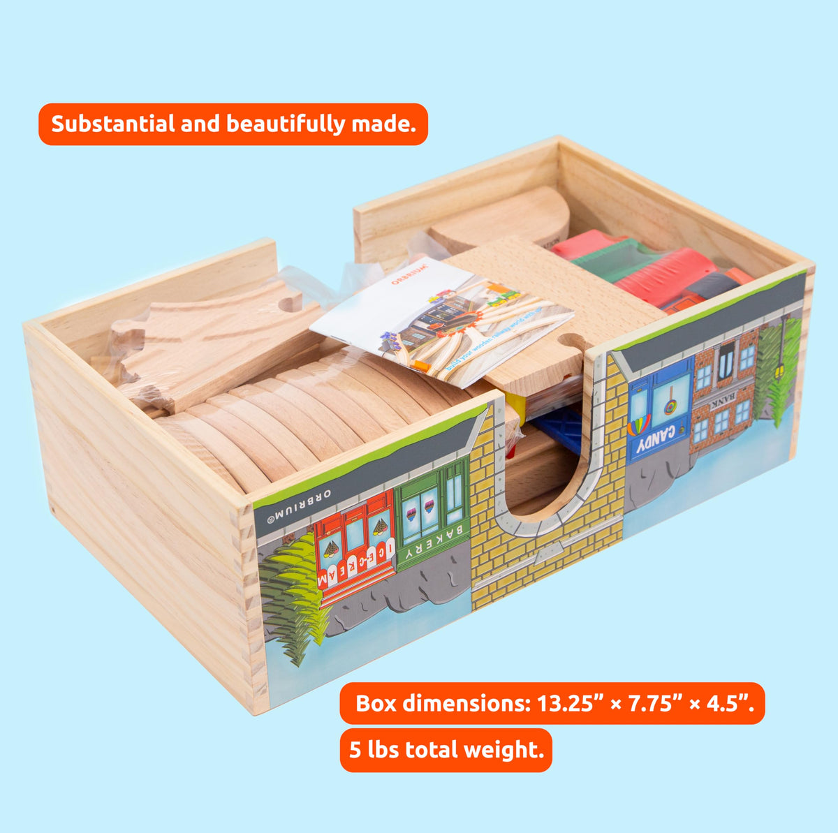 Orbrium Toys 52 Pcs Deluxe Wooden Train Set with 3 Destinations Fits Thomas, Brio, Chuggington