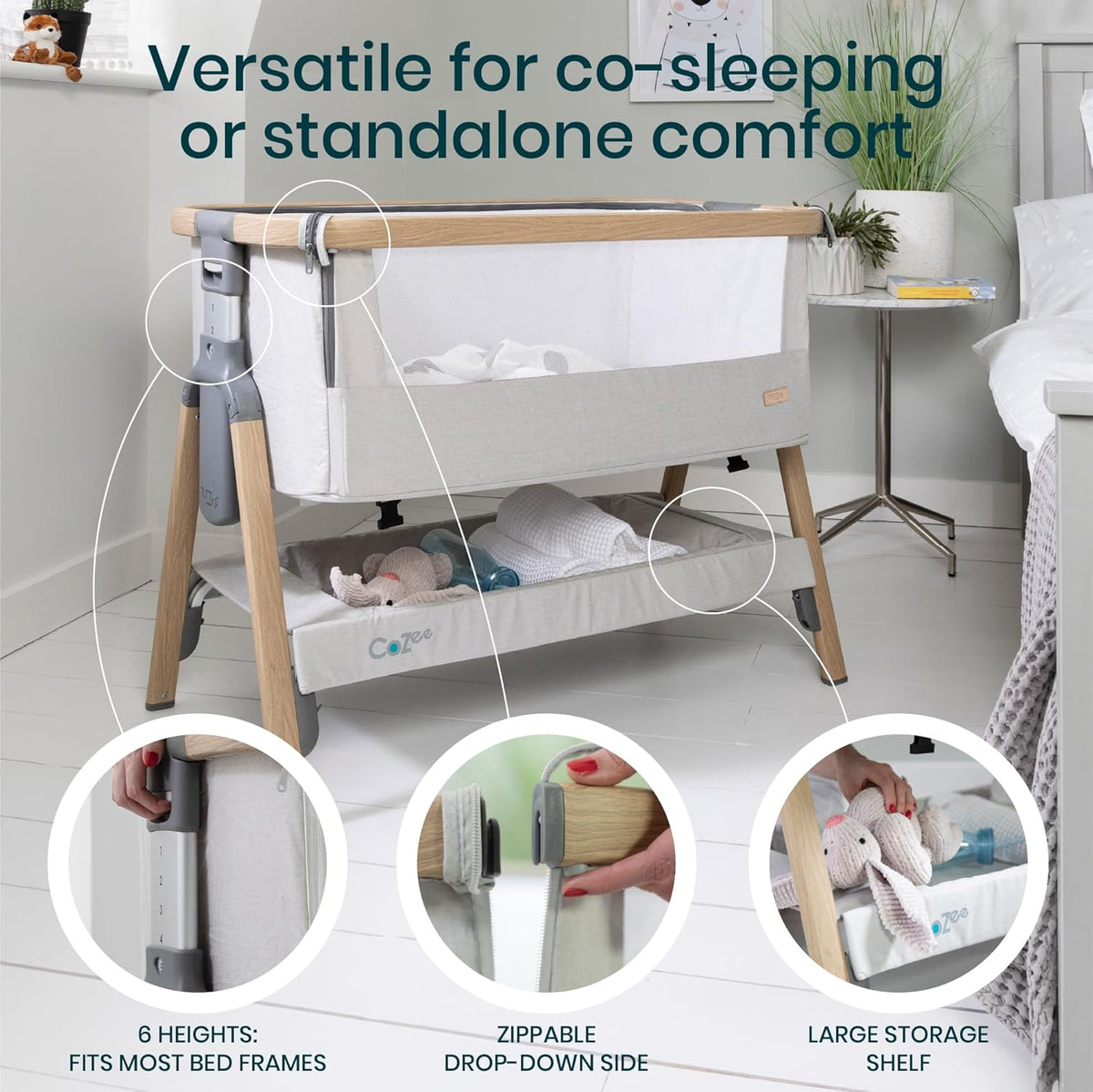 CoZee® 2-in-1 Baby Bassinet & Bedside Sleeper - Fast-Folding Bedside Bassinet, Baby Crib with 6