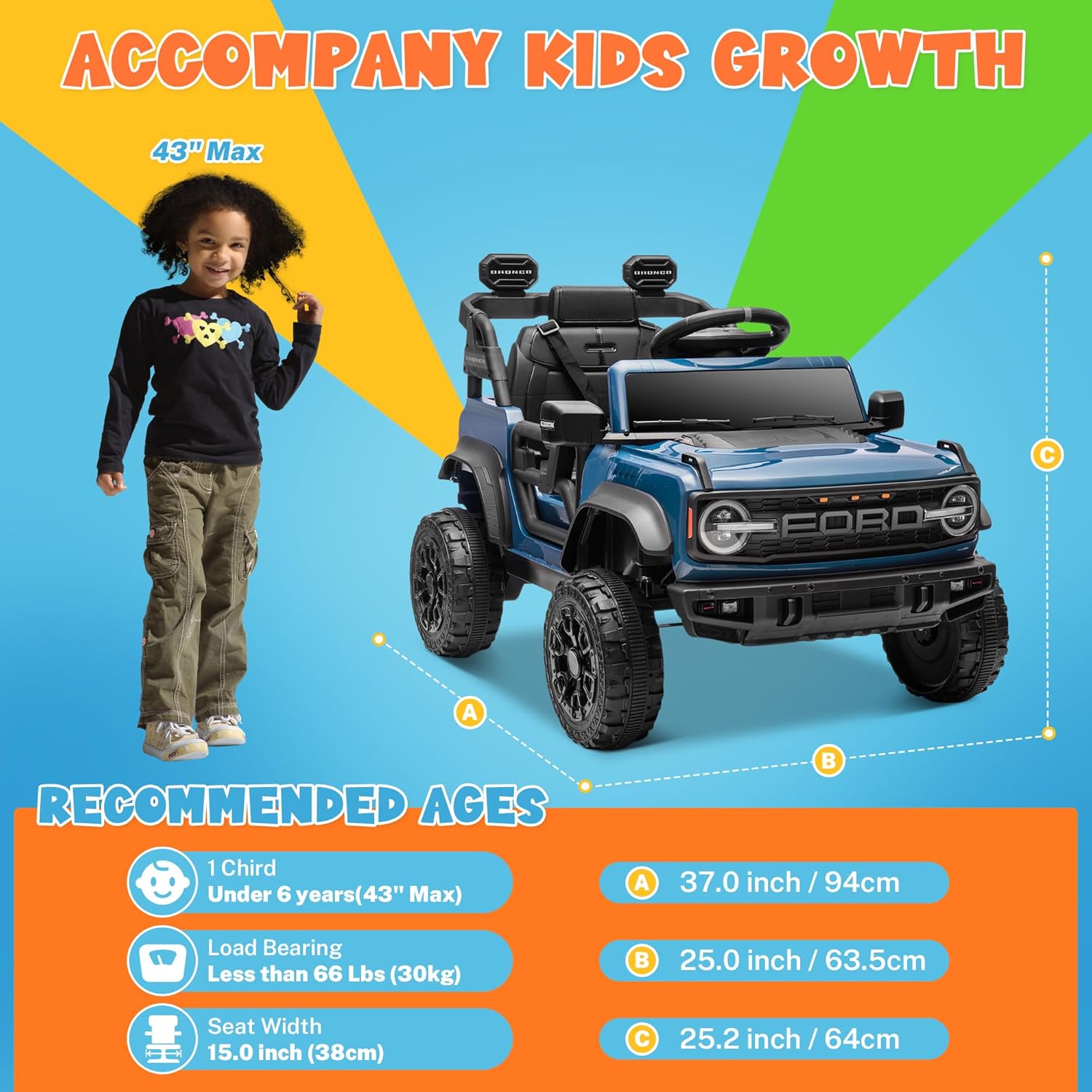 ENYOPRO Licensed Ford Bronco Raptor Electric Ride On Jeep for Kids, 12V Remote Control Ride On Car