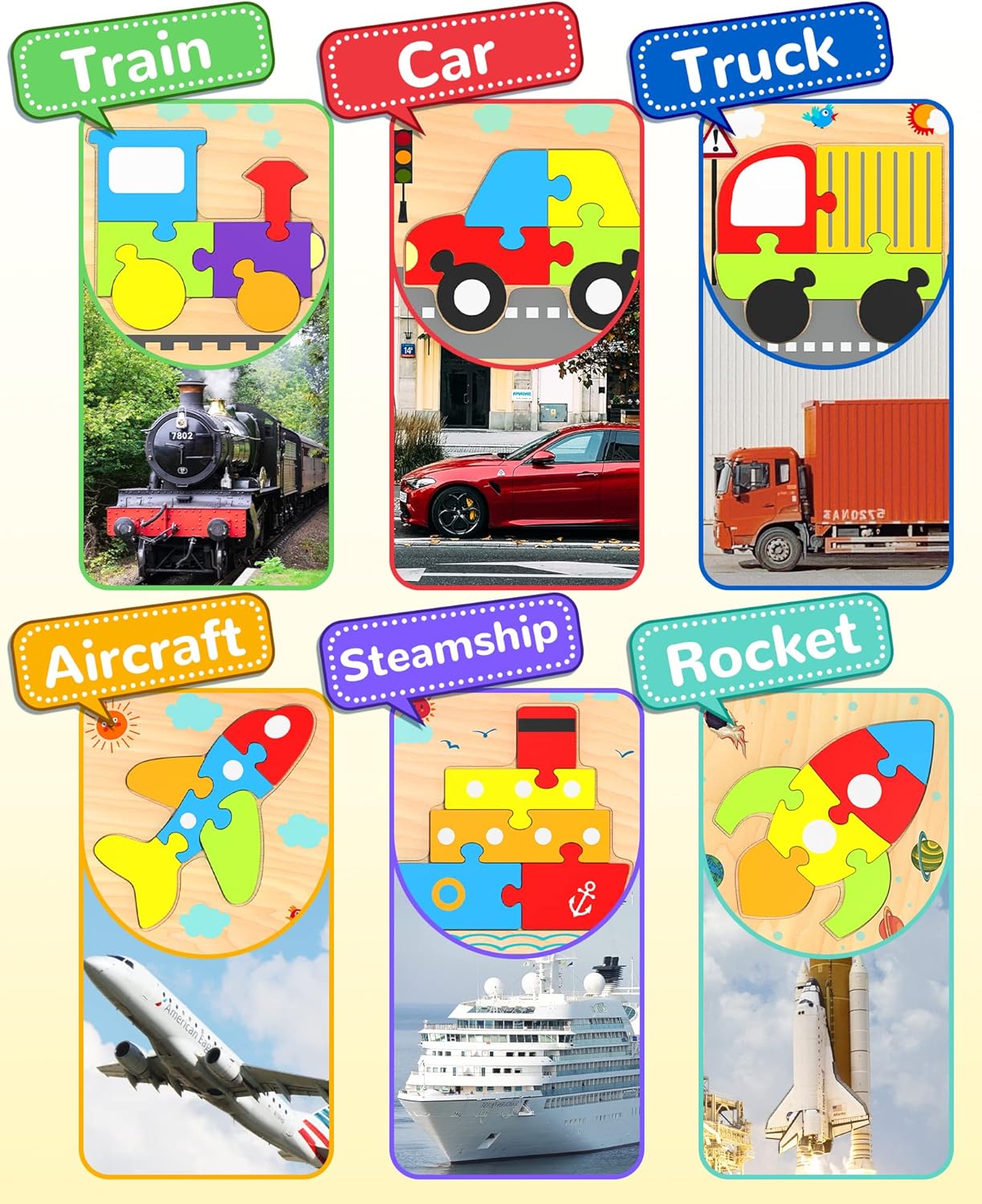 Yetonamr Wooden Toddler Puzzles Gifts Toys for 1 2 3 Years Old Boys Girls, 6 Vehicle Shape