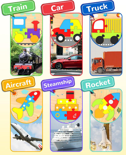 Yetonamr Wooden Toddler Puzzles Gifts Toys for 1 2 3 Years Old Boys Girls, 6 Vehicle Shape