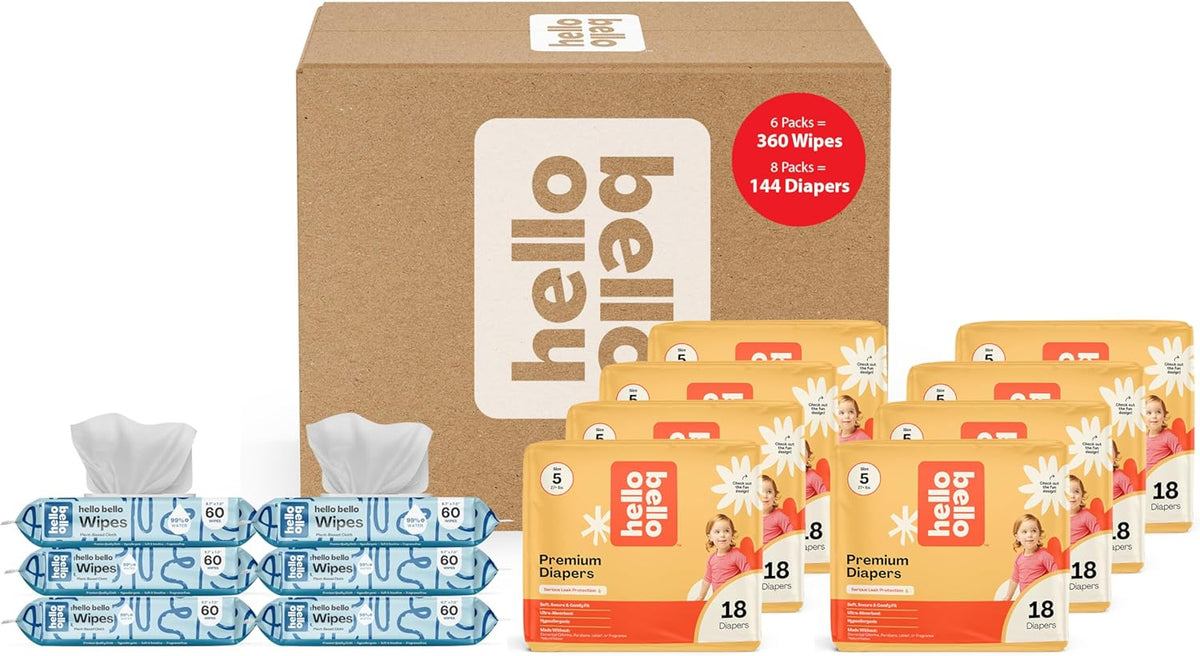 Hello Bello Mega Surprise Pack, Size 5 (27+ lbs), 144ct Hypoallergenic Assorted Diapers with a