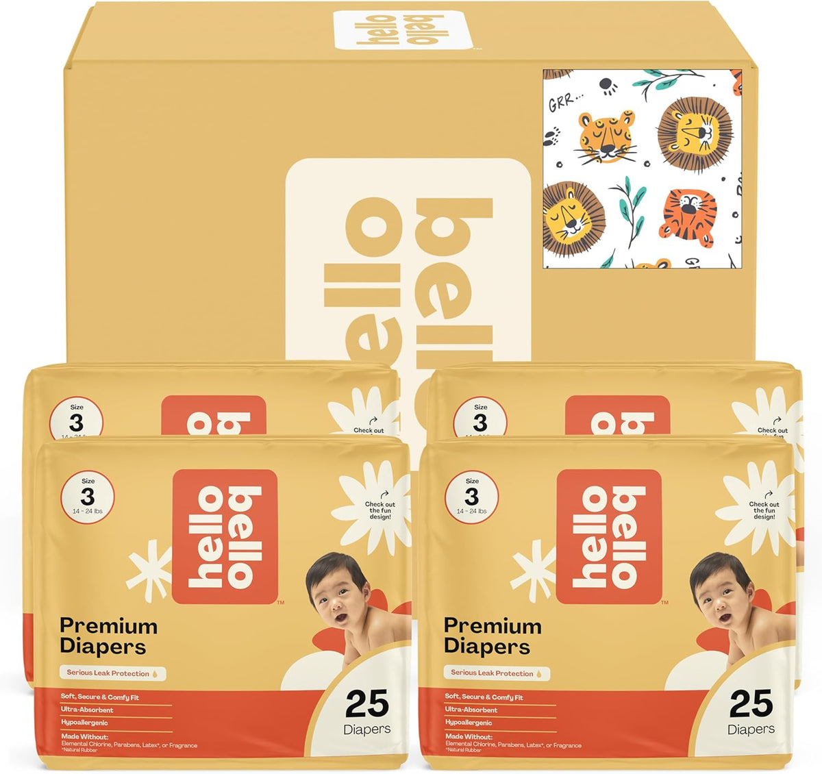 Hello Bello Diapers, Size 3 (14-24 lbs) Wild Cats, 100 Count Value Pack of Premium Disposable Baby