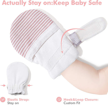 HAPIU Baby No Scratch Mittens Stay On, 100% Cotton Breathable, Adjustable Infant Gloves for Boys