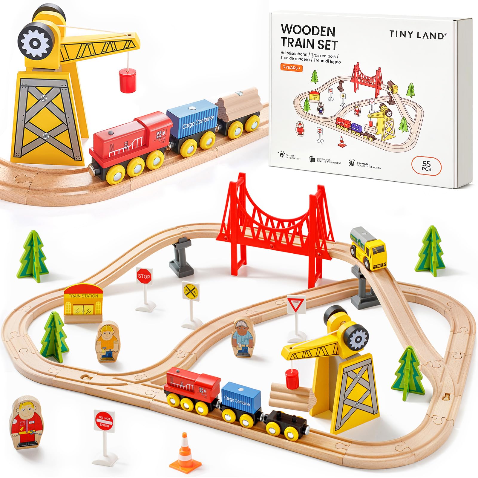 Tiny Land 55PCS Wooden Train Set, Durable Wooden Railway Tracks