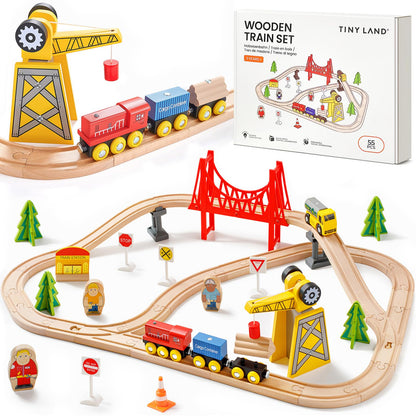 Tiny Land 55PCS Wooden Train Set, Durable Wooden Railway Tracks