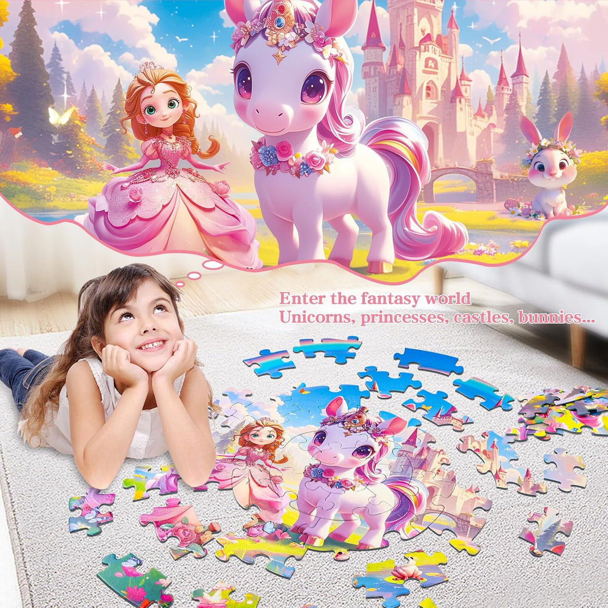 Floor Puzzles for Kids Ages 4-6, 70 Pieces Large Round Unicorn Princess Floor Puzzle Unicorn Jigsaw