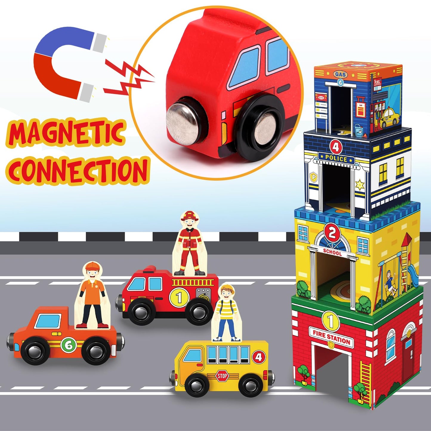 Atoylink Toddler Sorting and Stacking Toys with Magnetic Wooden Cars & Community Helpers, Baby