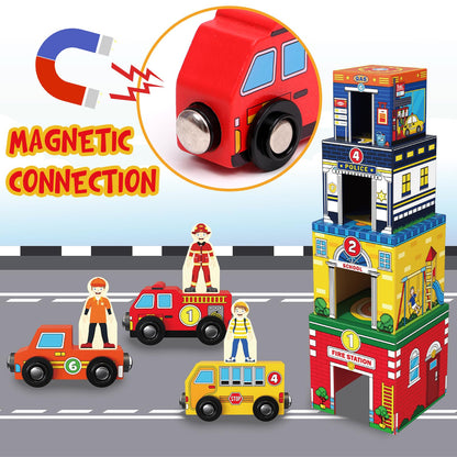 Atoylink Toddler Sorting and Stacking Toys with Magnetic Wooden Cars & Community Helpers, Baby