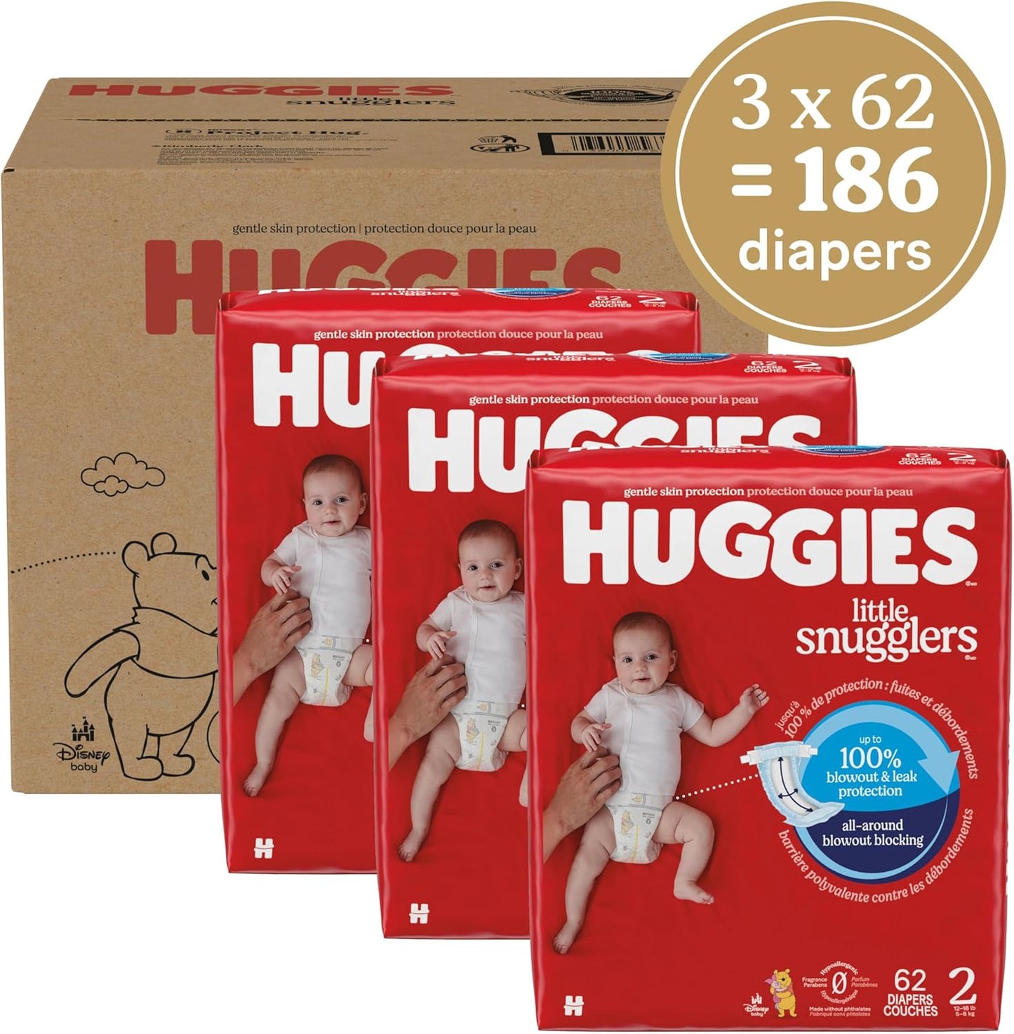 Huggies Size 2 Diapers, Little Snugglers Baby Diapers, Size 2 (12-18 lbs), 186 Count (3 Packs of
