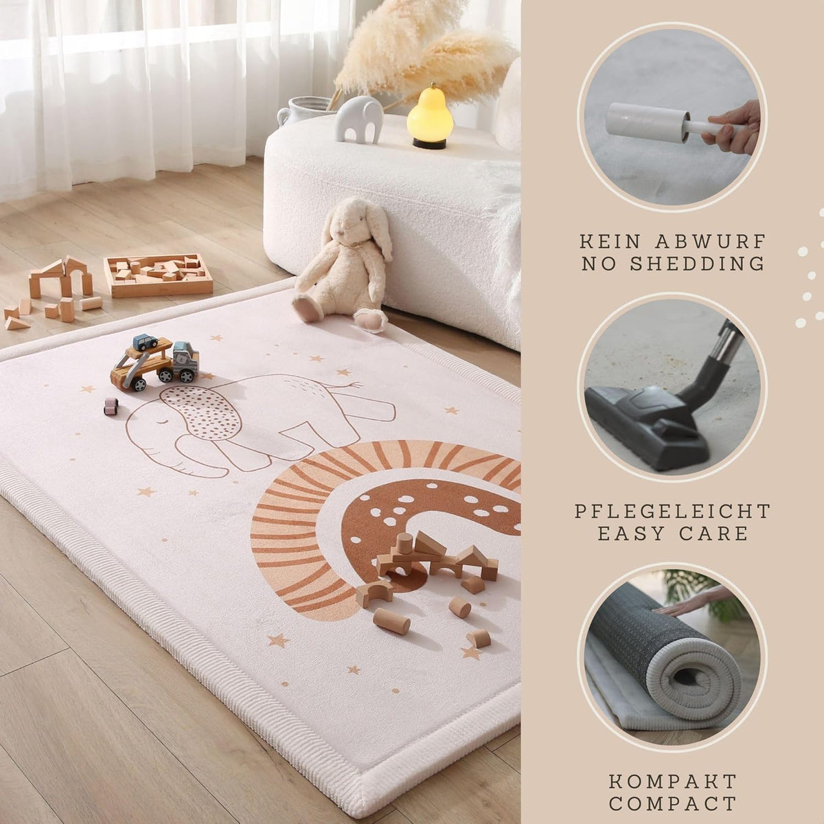 Stylish Coral Baby Play Mat for Floor 47" x 67" Rainbow Elephant – Soft 1" Thick High-Density