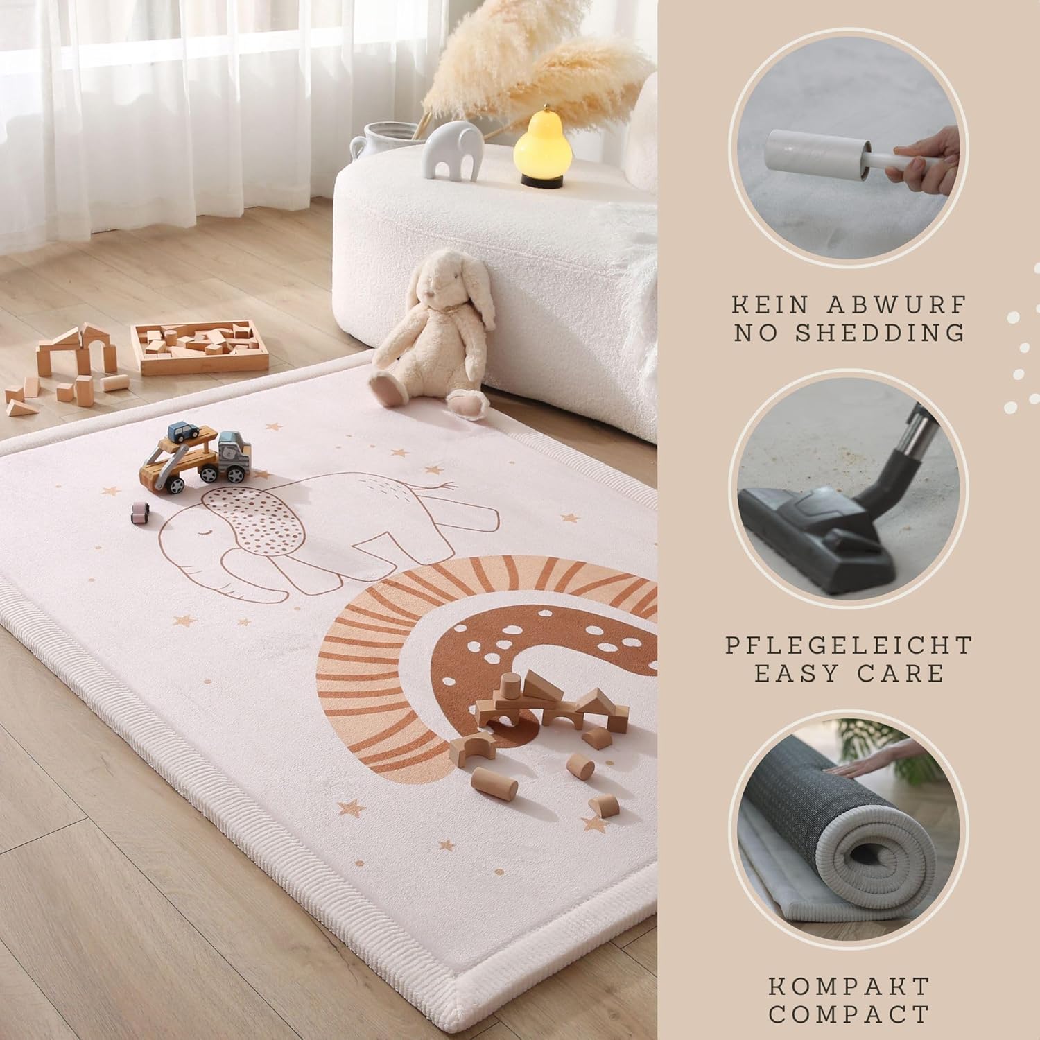 Stylish Coral Baby Play Mat for Floor 47" x 67" Rainbow Elephant – Soft 1" Thick High-Density