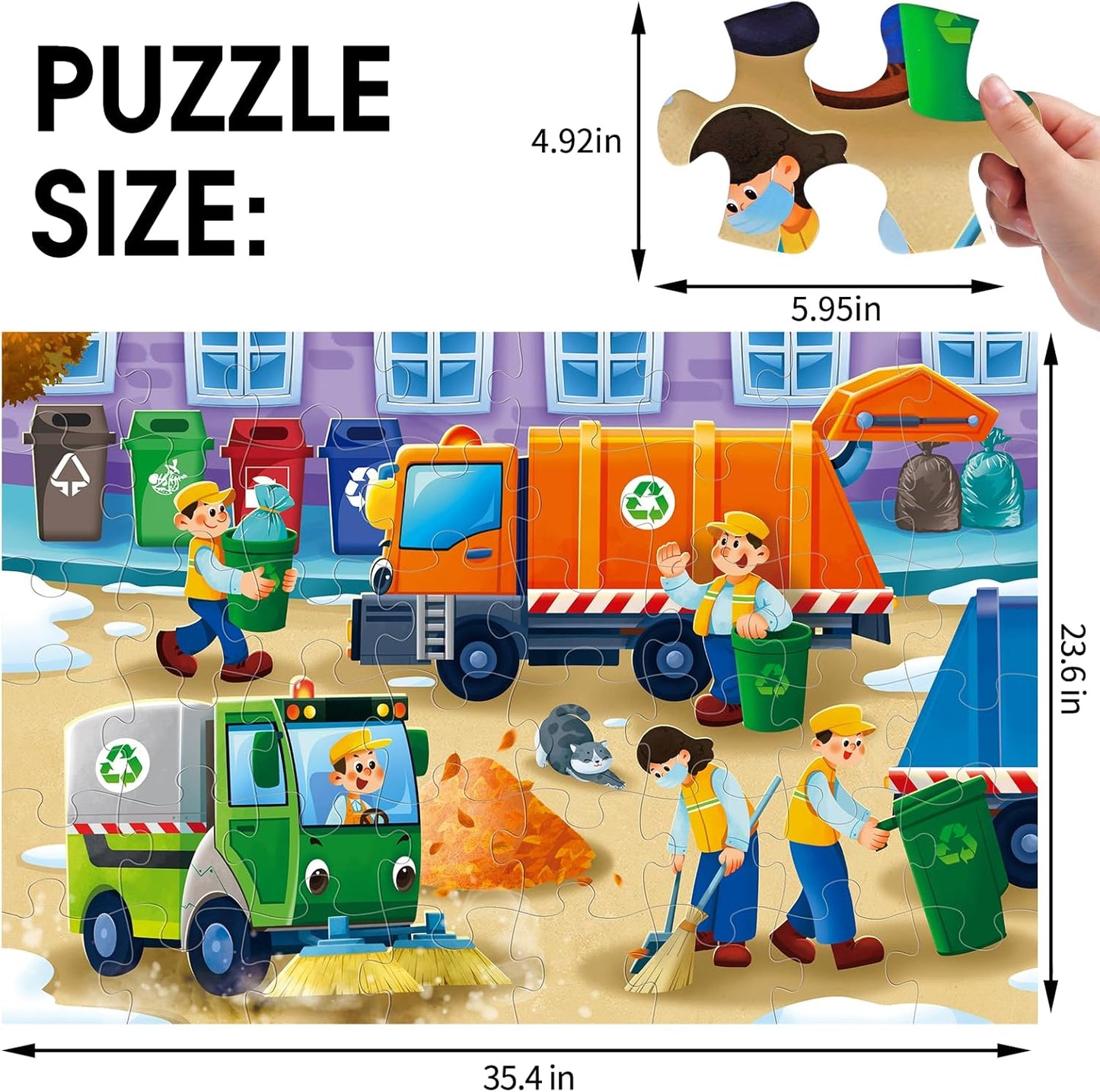 Jumbo Floor Puzzle for Kids,Recycling Garbage Truck Jigsaw Large Puzzles,48 Piece Trash Truck