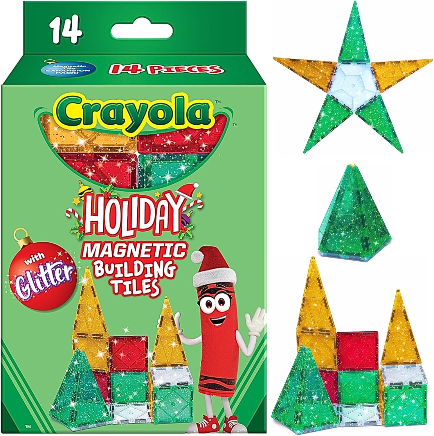 CreateOn Crayola Holiday Glitter Magnetic Tiles, Building Set for Kids, Magnetic Building Toys for