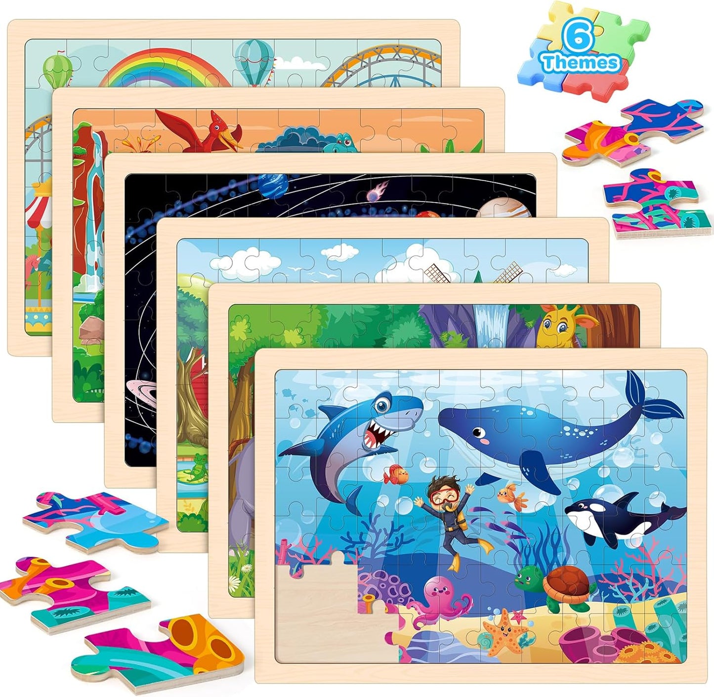 6 Packs Wooden Puzzles for Kids Ages 4-6, 60 Piece Wood Dinosaur Animals Jigsaw Puzzles for