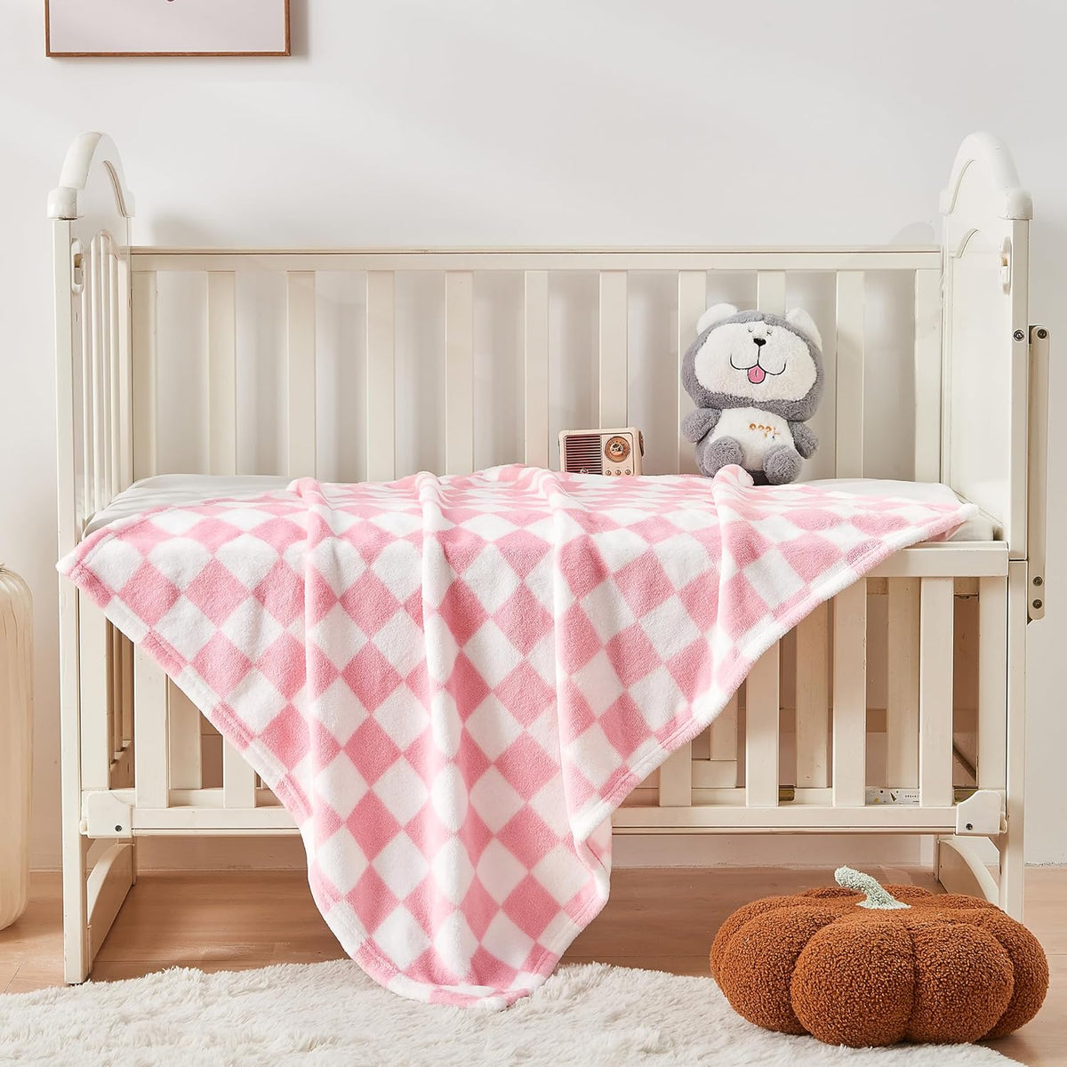 Yurhap Checkered Baby Blanket for Girls Pink Fleece Baby Blankets for Girls Boys, Warmer Comfort