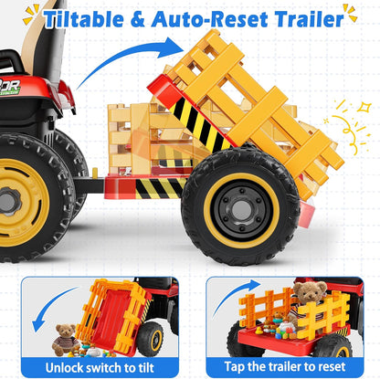 24V Ride On Tractor w/Tiltable & Detachable Trailer, 2x65W Motors, EVA Tires, Remote Control
