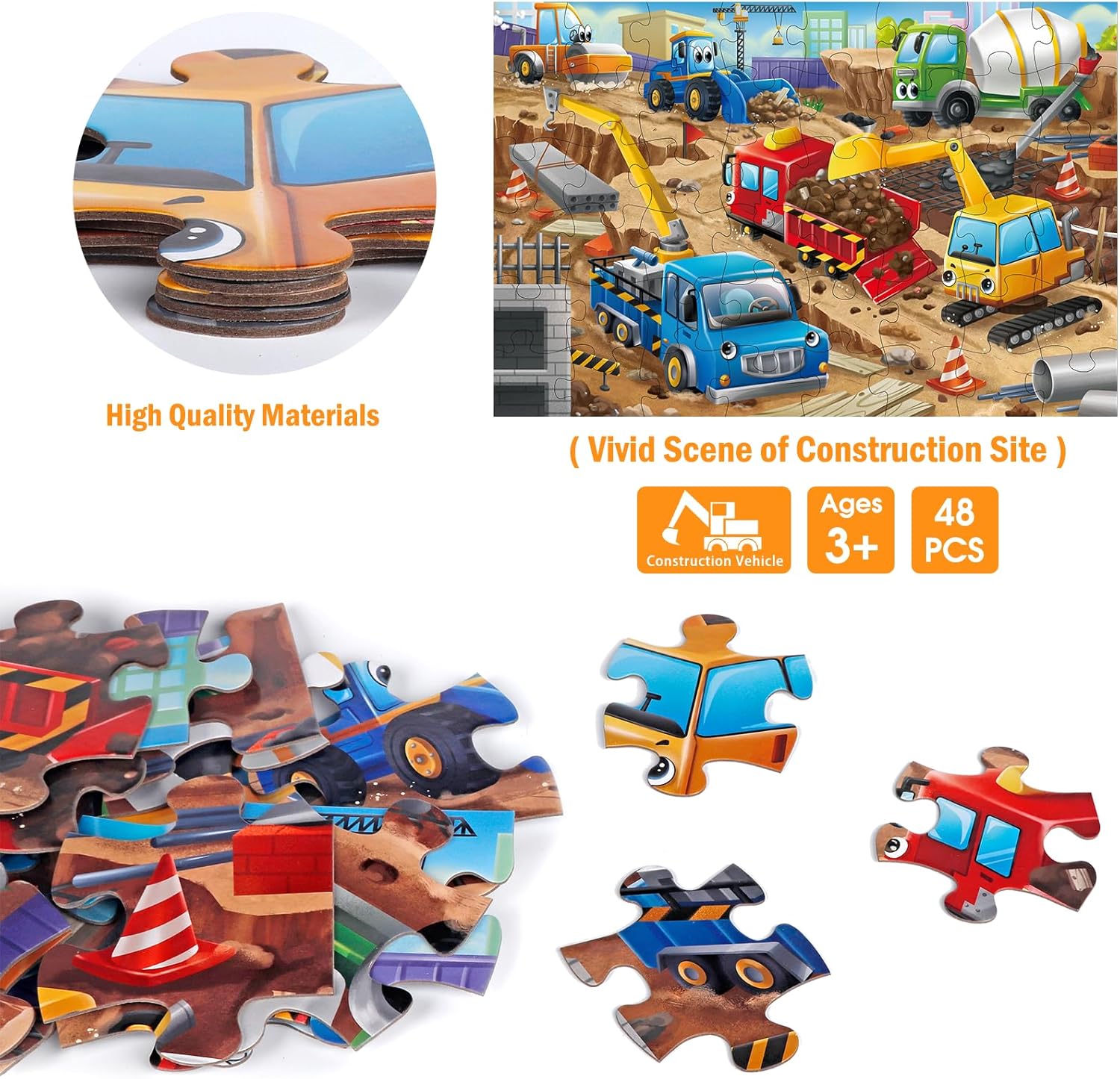 Jumbo Floor Puzzle for Kids,Construction Site Jigsaw Large Puzzles,48 Piece Construction Vehicle