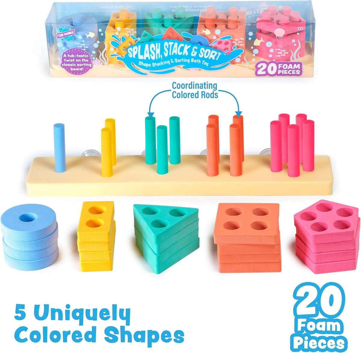 Tub Works® Splash, Stack & Sort™ Shape Sorter & Stacking Toddler Bath Toy | 20 Foam Pieces | Color