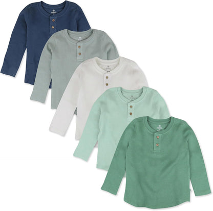 HonestBaby 5-pack Waffle Henley Long Sleeve Shirts 100% Organic Cotton for Infant Baby and Toddler