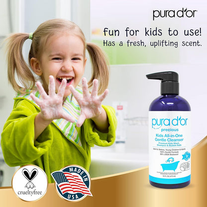 PURA D'OR Kids Wash (16oz x 2 = 32oz) All-in-One Gentle Cleanser - USDA Biobased, Sulfate-Free