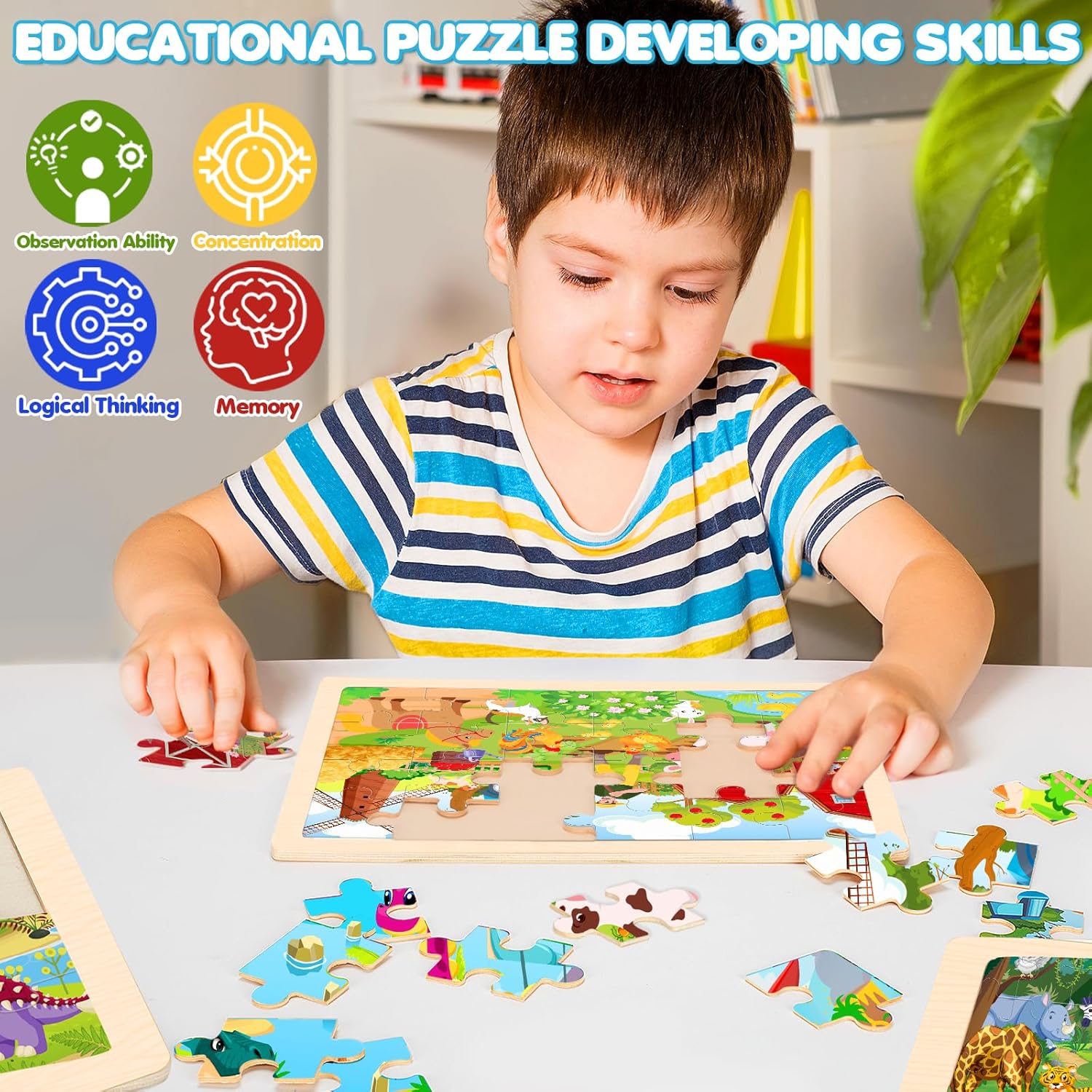 Wooden Animals Puzzles for Kids Age 3 4 5 Year Old, 4 Pack 24 Pcs Montessori Toddler Jigsaw Puzzles