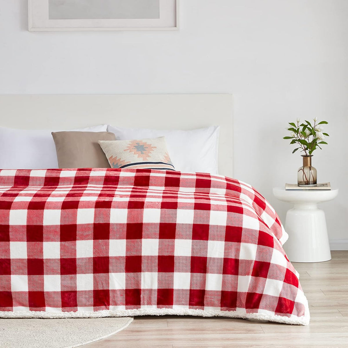 Touchat Sherpa Red and White Buffalo Plaid Christmas Twin Blanket 60" X 70", Fuzzy Fluffy Soft Cozy