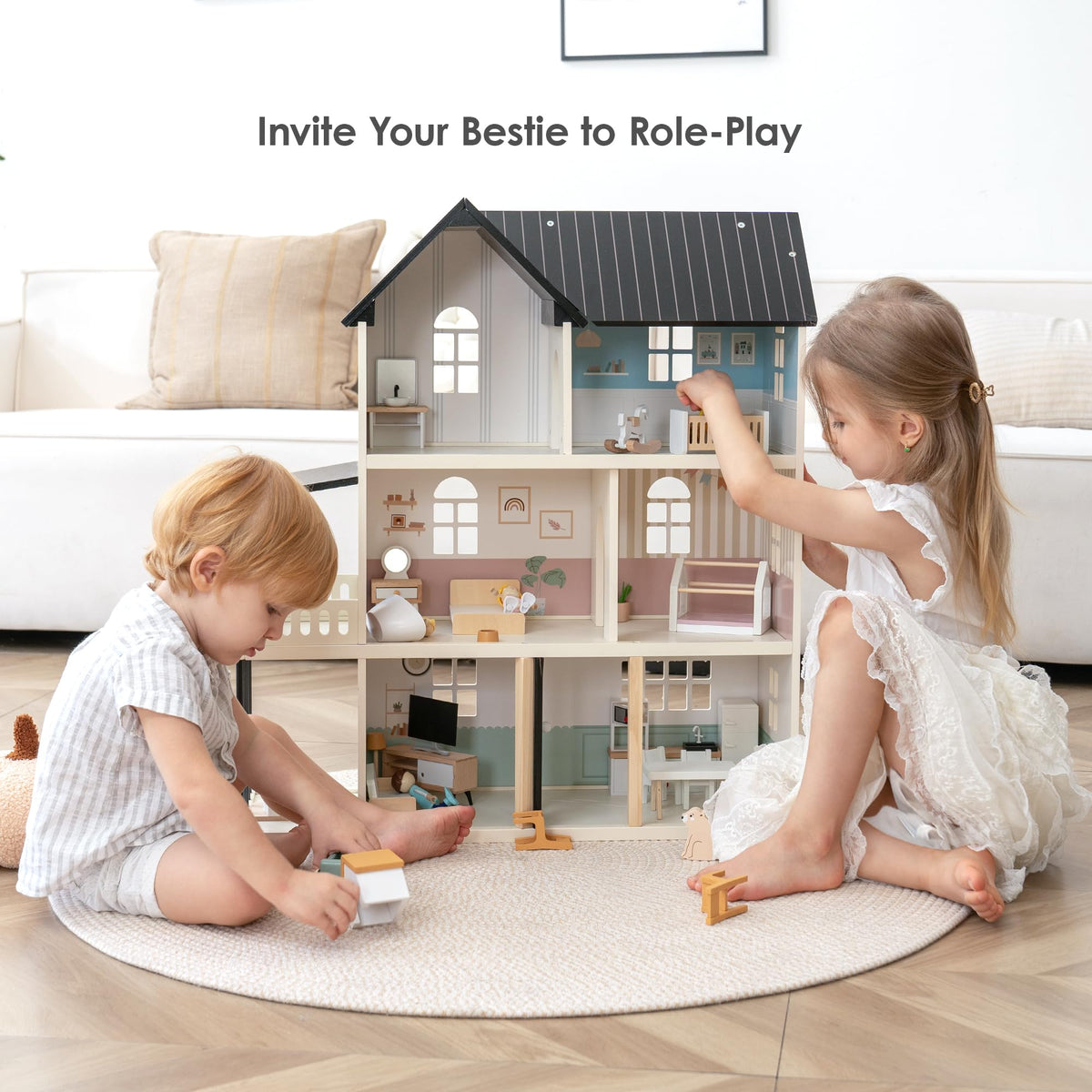 Wooden Dollhouse for Kids, 6-Room Modern-Style Toy Doll House Playset