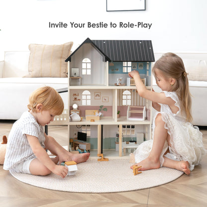 Wooden Dollhouse for Kids, 6-Room Modern-Style Toy Doll House Playset