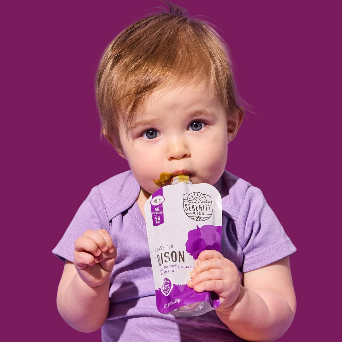 Serenity Kids Baby Food Pouches, Grass Fed Bison with Organic Kabocha Squash & Spinach, For 6+