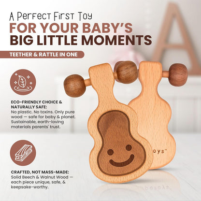 Wooden Teething Toys for Baby 0-6 Months – Organic Natural Non-Toxic Handmade Teether with Beads &