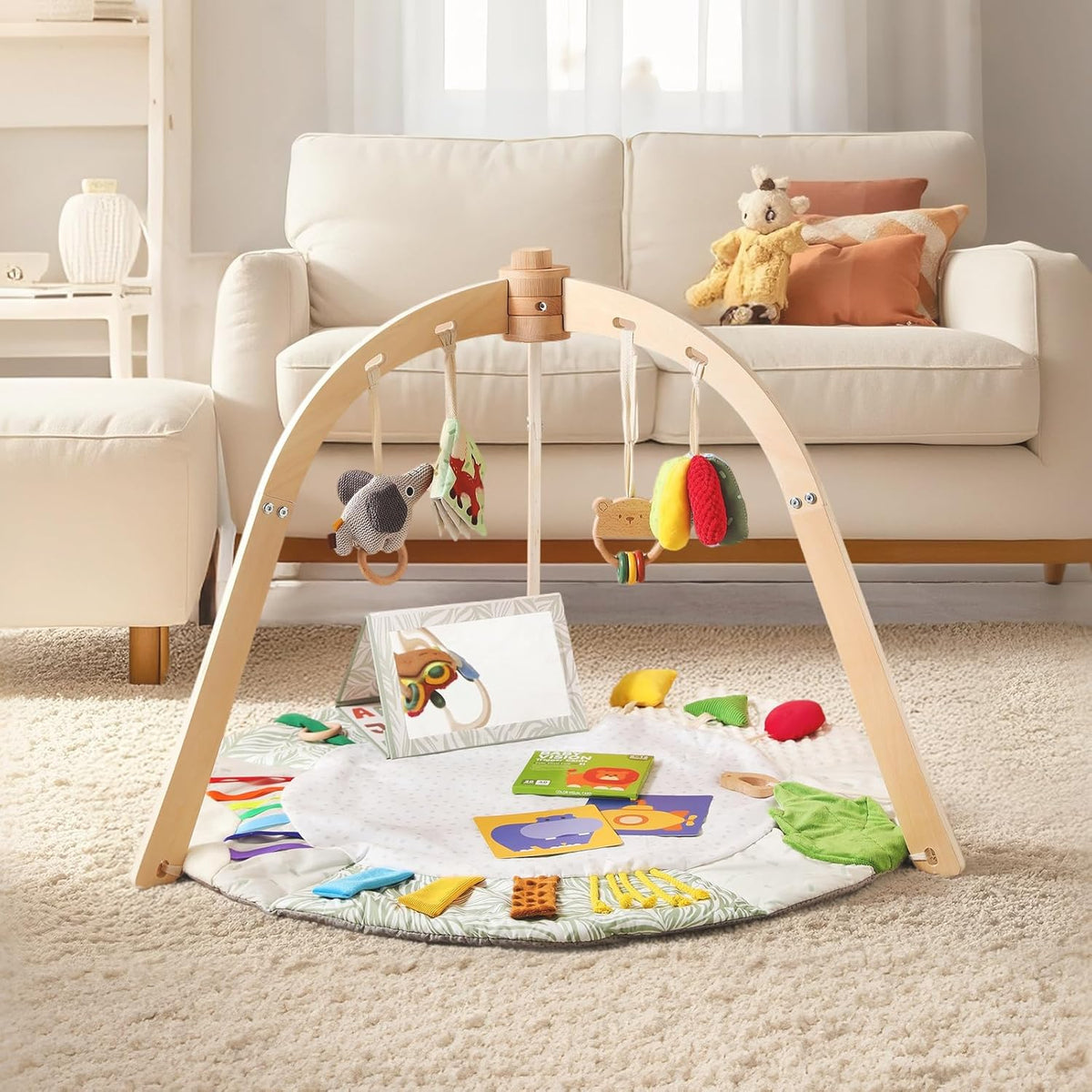 Wooden Baby Play Gym & Tummy Time Playmat – Montessori Sensory Activity Mat with 6 Developmental
