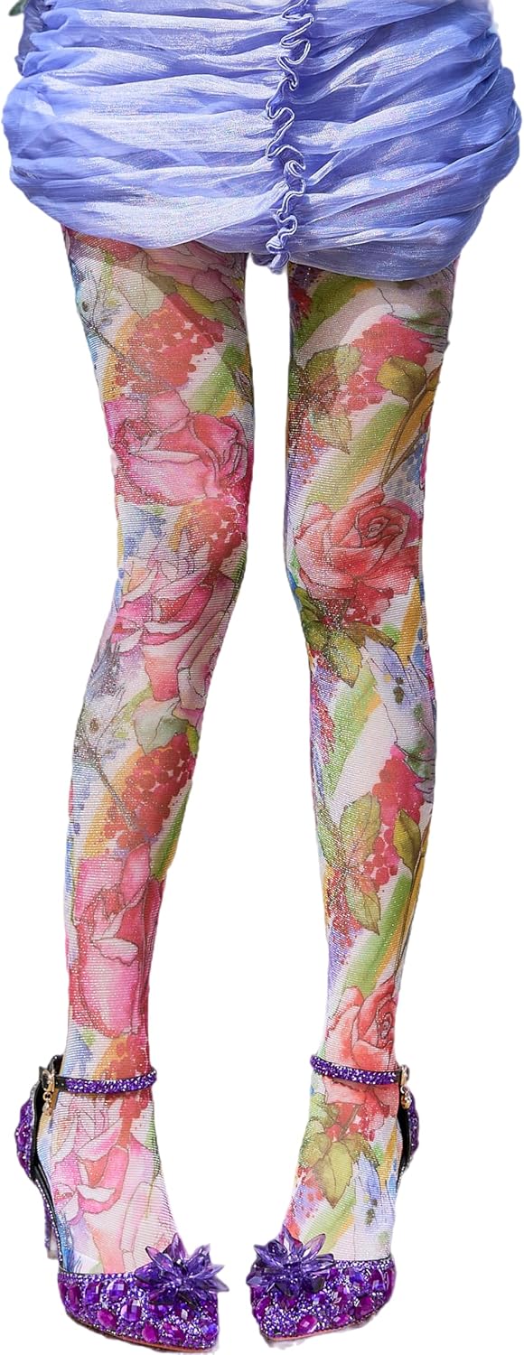 Sahabowi Women's Sheer Fashion Digital Print Fashions Stockings Metallic Silver Tights 1