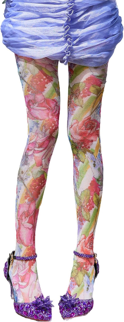 Sahabowi Women's Sheer Fashion Digital Print Fashions Stockings Metallic Silver Tights 1
