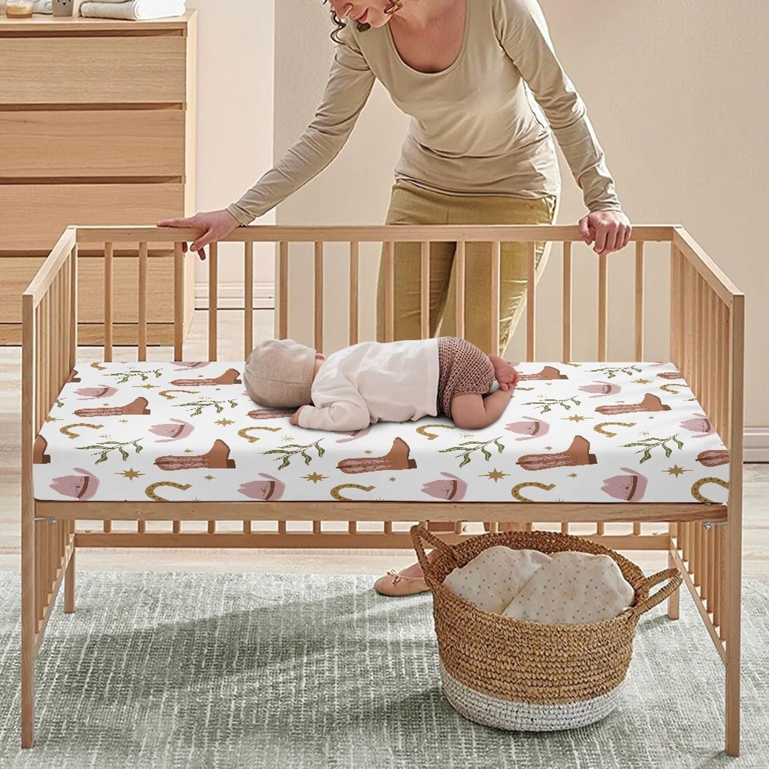 Western Pattern Design Fitted Crib Sheet Cowboy Style Baby Crib Sheet Fit Standard Crib and Toddler