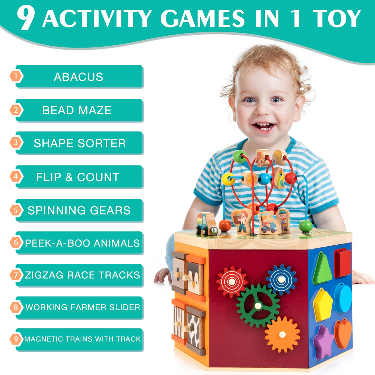 WOODMAM Large Activity Cube, Multipurpose Montessori Toy for 1-2 Year Old