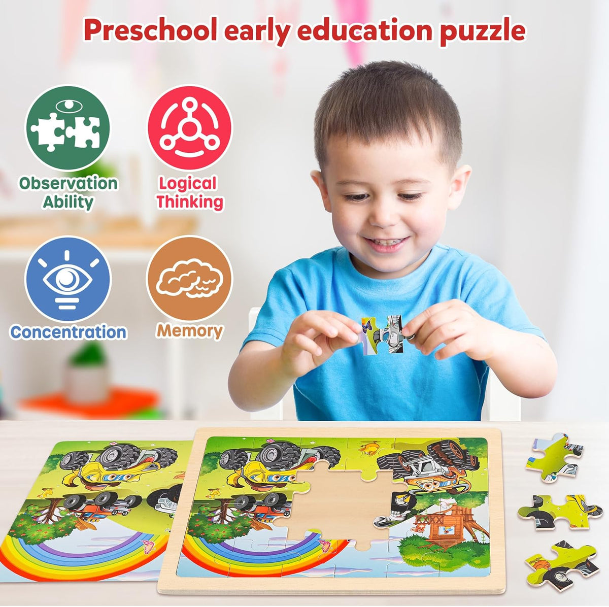 SYNARRY Large Wooden Monster Truck Puzzles for Kids Gift Box(12.2*9.4 in) - FSC Certified, 24 Piece