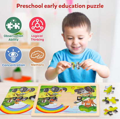 SYNARRY Large Wooden Monster Truck Puzzles for Kids Gift Box(12.2*9.4 in) - FSC Certified, 24 Piece
