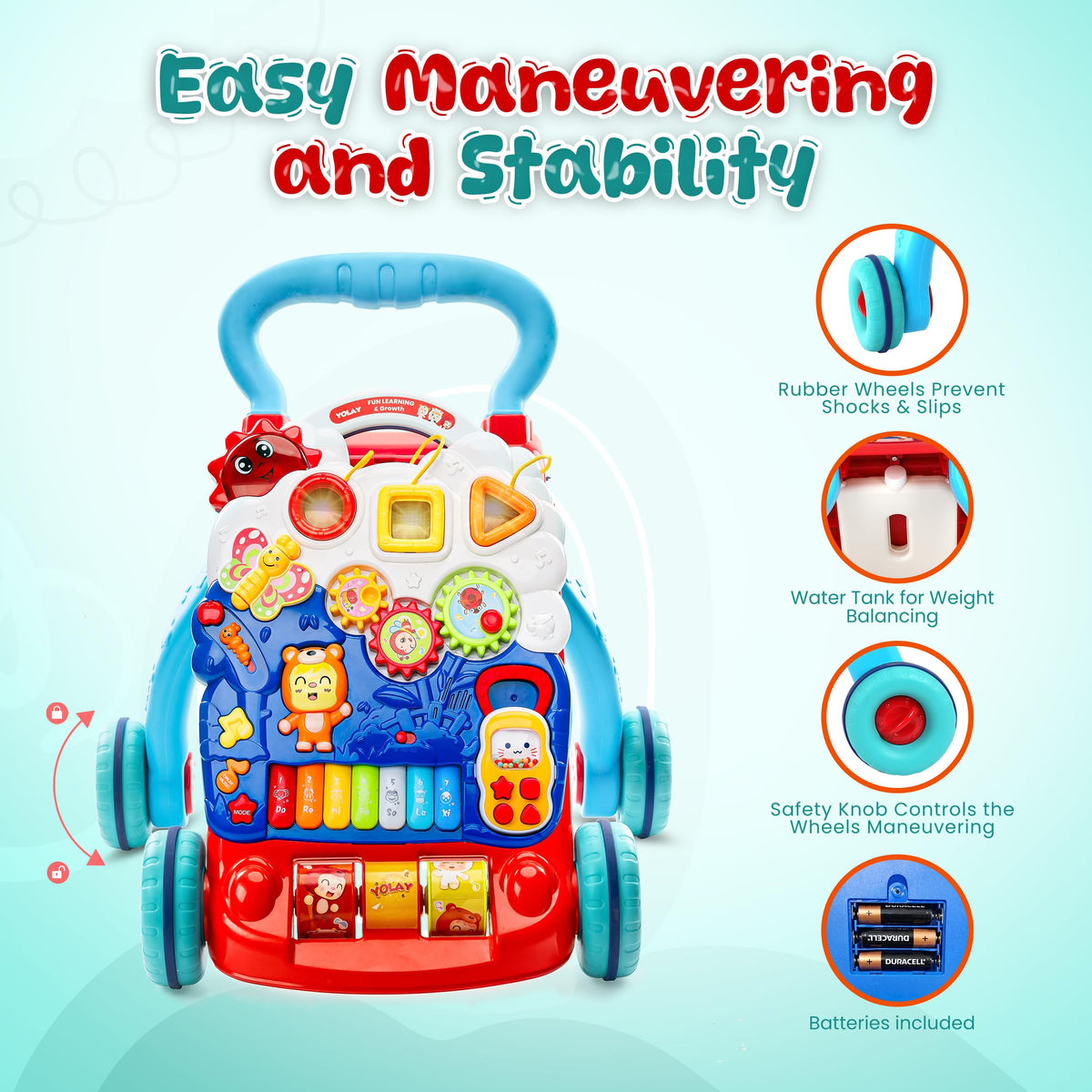 Baby Push Walker, 3-in-1 Baby Walker, Blue - YOLAY