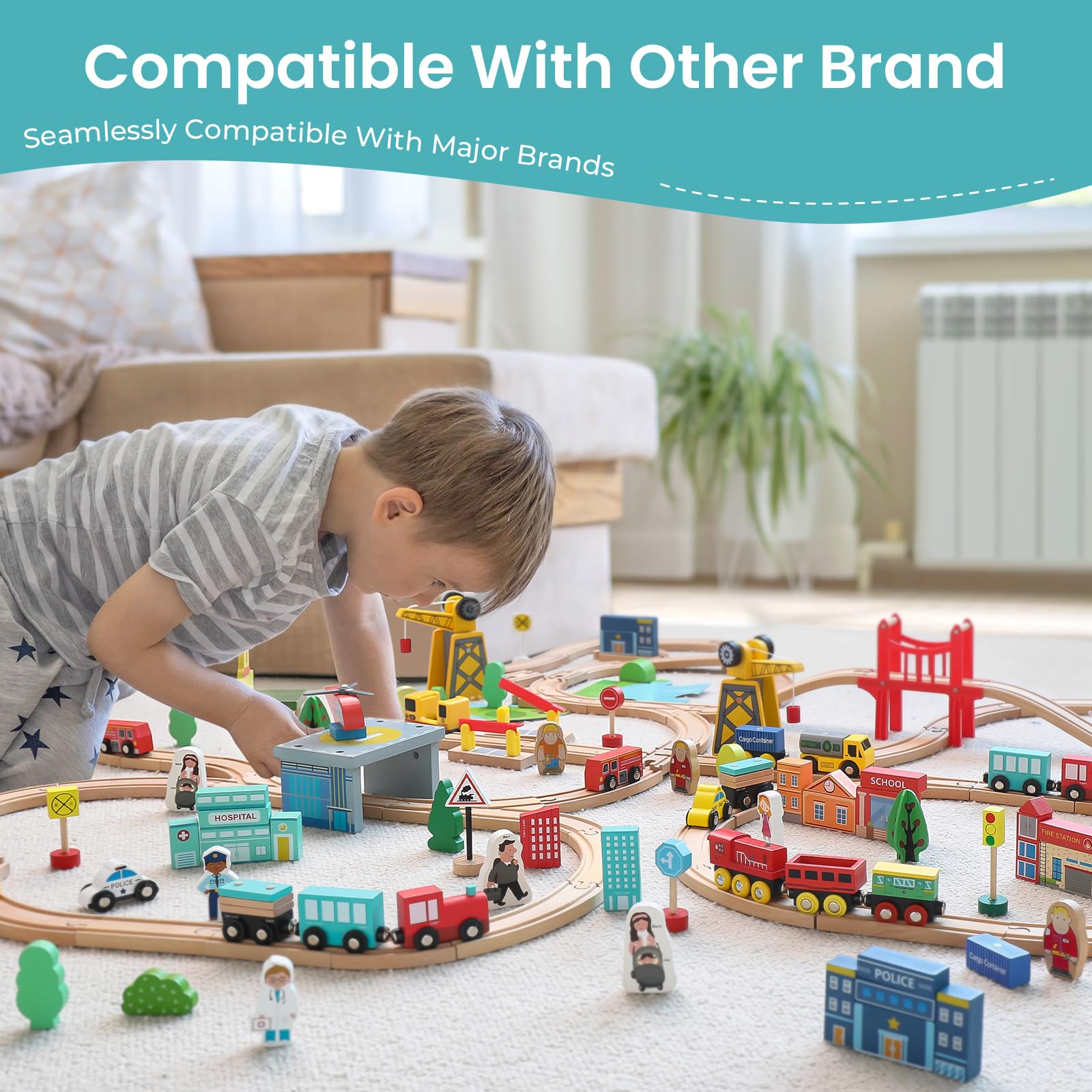 Tiny Land 39 Pcs Wooden Train Set for Toddler with Wooden Tracks