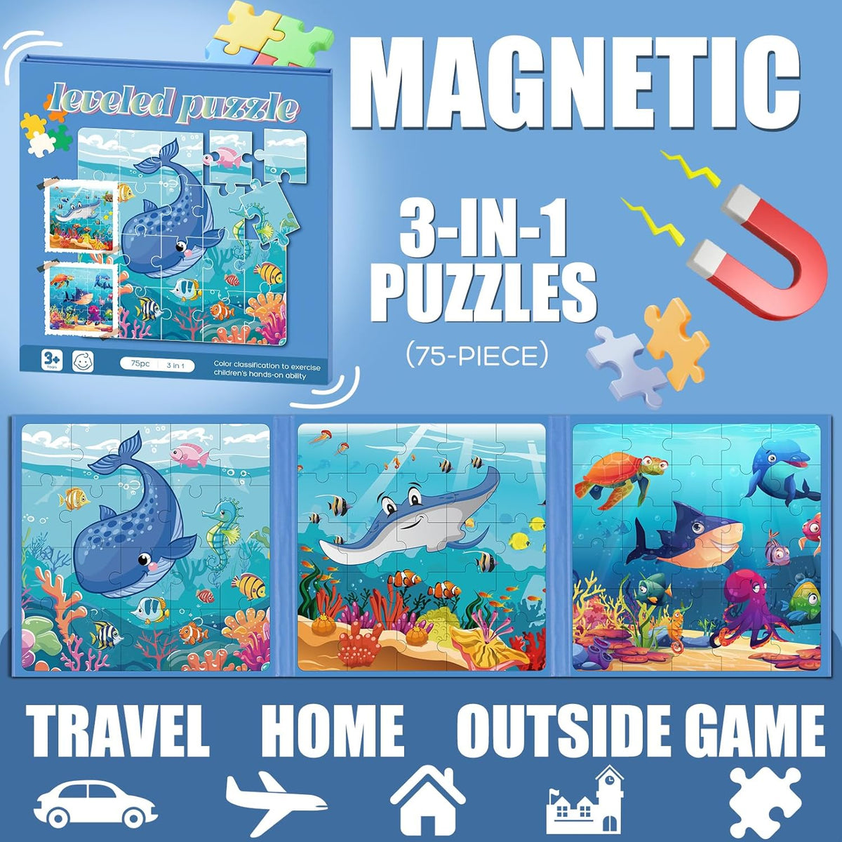Magnetic Puzzles for Toddlers 3-5 , 75-Pieces Travel Toys , Sea Puzzles Ages 4-6, Educational