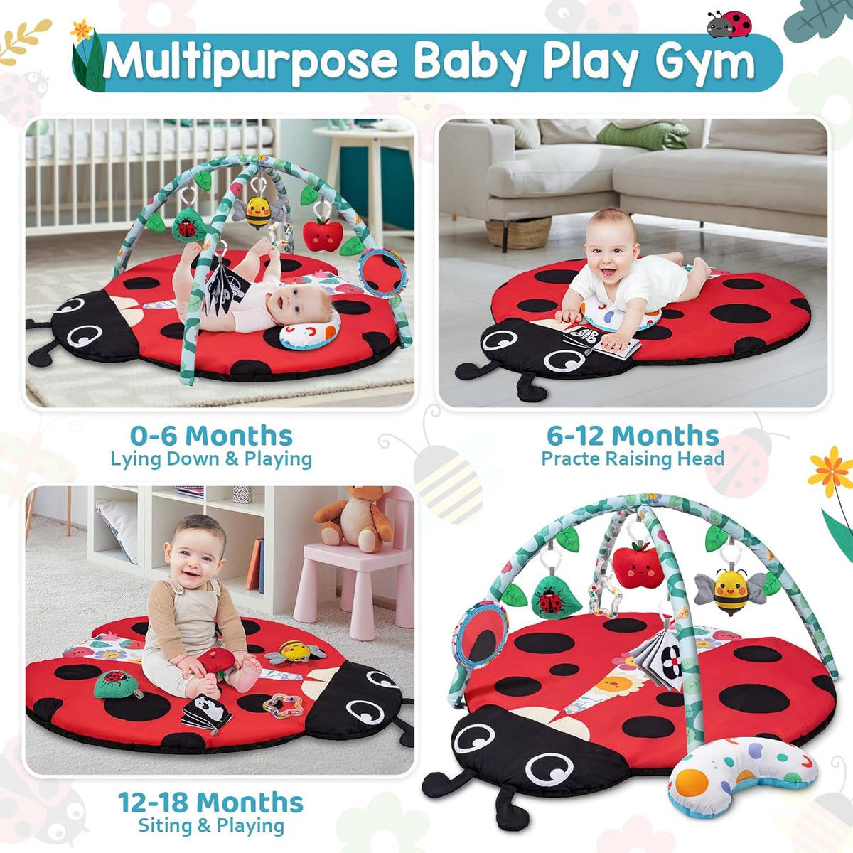 Jyusmile Baby Play Gym Mat, 8-in-1 Tummy Time Mat with 6 Toys, Washable Baby Activity Mat for