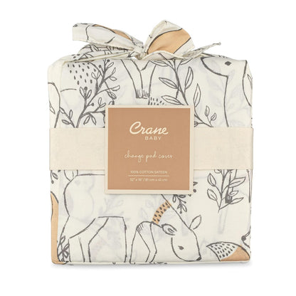Crane Baby Woodland Quilted Changing Pad Cover, Animal Fox Print, Cotton Sateen, Secure Elastic