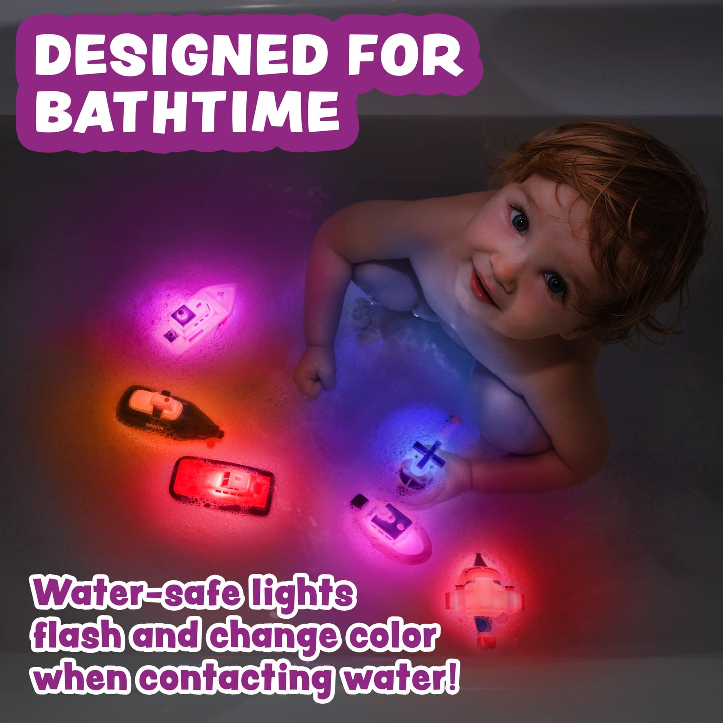 Tub Works® Ocean Rescue™ Vehicles Light Up Bath Toys, 6 Pack | Water-Activated Light Up Toys Flash