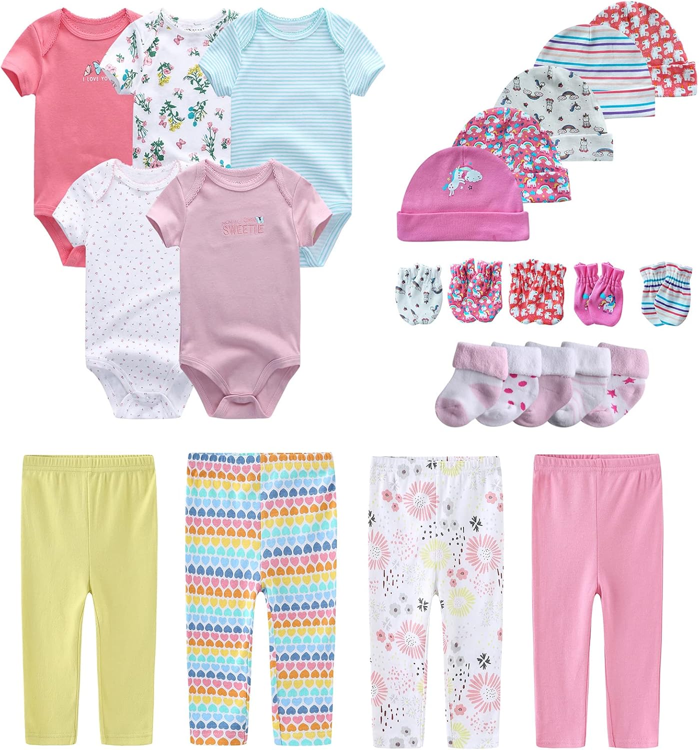 Newborn Layette Gift Set Bodysuits Pants for Baby Girl and Boy 24 Piece 100% Cotton Essentials and