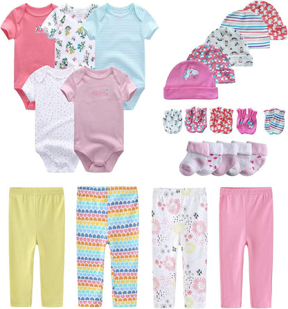 Newborn Layette Gift Set Bodysuits Pants for Baby Girl and Boy 24 Piece 100% Cotton Essentials and