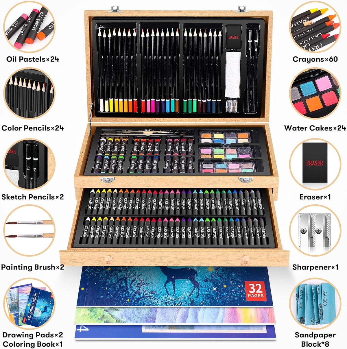Art Supplies, iBayam 150-Pack Deluxe Wooden Art Set Crafts Drawing Painting Kit with 1 Coloring