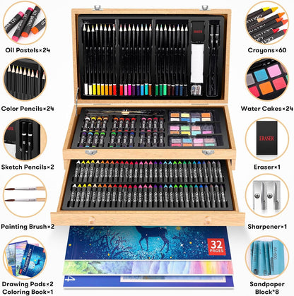 Art Supplies, iBayam 150-Pack Deluxe Wooden Art Set Crafts Drawing Painting Kit with 1 Coloring