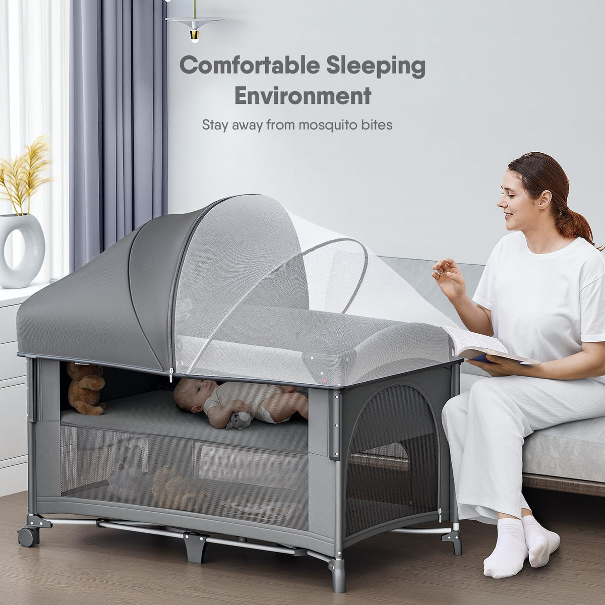 4 in 1 Baby Bassinet, Pack and Play, Bedside Crib Sleeper, Diaper Changer - Comes with Mattress